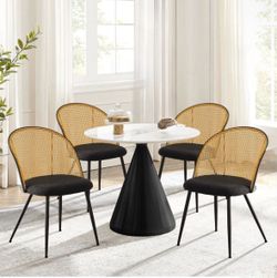 Modern Black Fabric Upholstered Rattan Dining Chairs – Set of 4 | Already Assembled