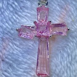 Beautiful 925 Sterling Silver Religious Pink  Cross Necklace 
