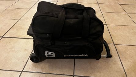 Brunswick Double Bowling Ball Roller Bag with Dexter SST7 Mens size 11 Match Play Black/Alloy Right Handed Bowling Shoes and 1 bowling ball.