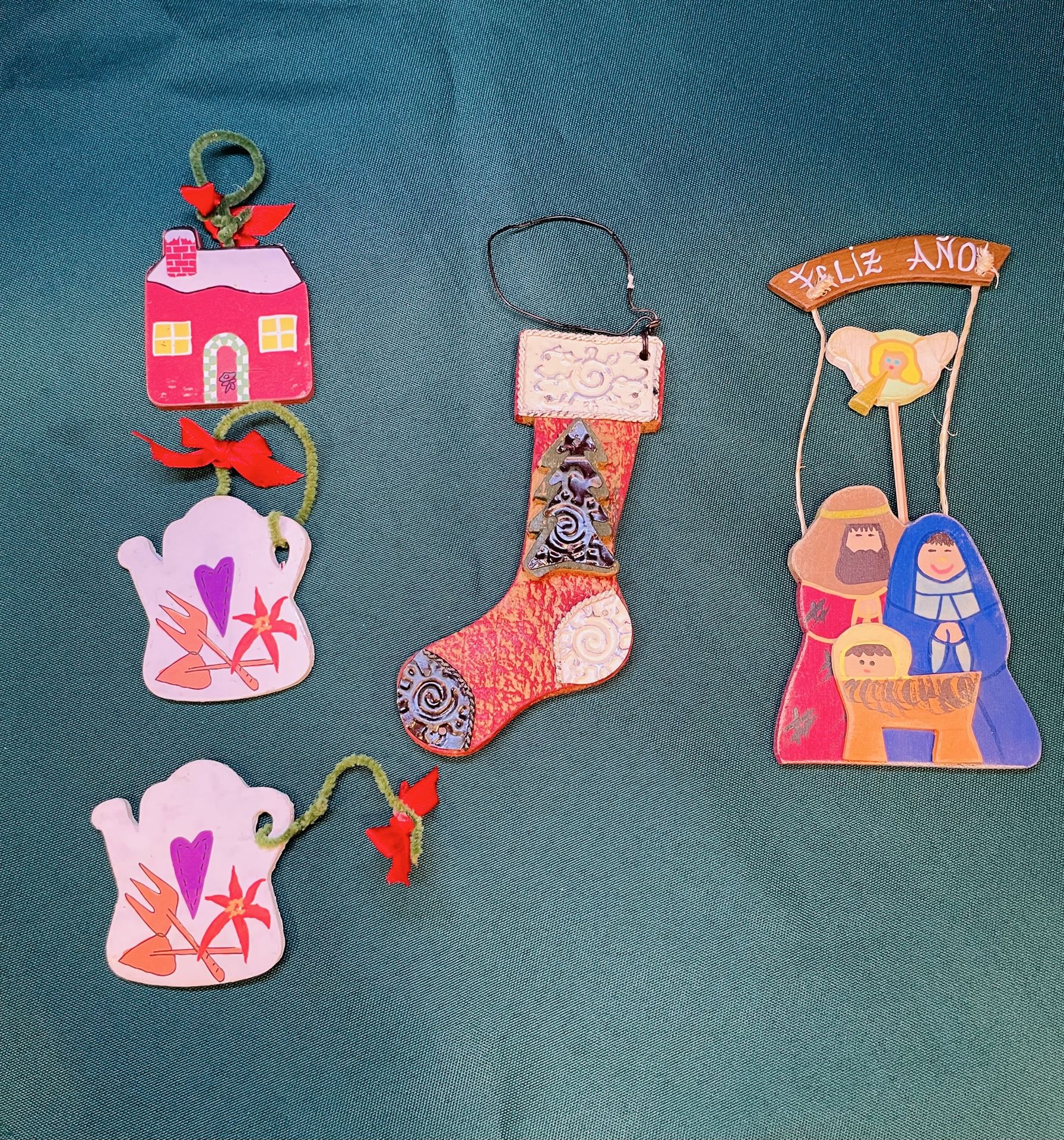 Vintage hand painted wood/resin Christmas ornaments set