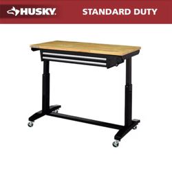 Husky Tool Storage 46 in. W x 24 in. D 2-Drawer Adjustable Height Black Worktable with Solid Wood Top