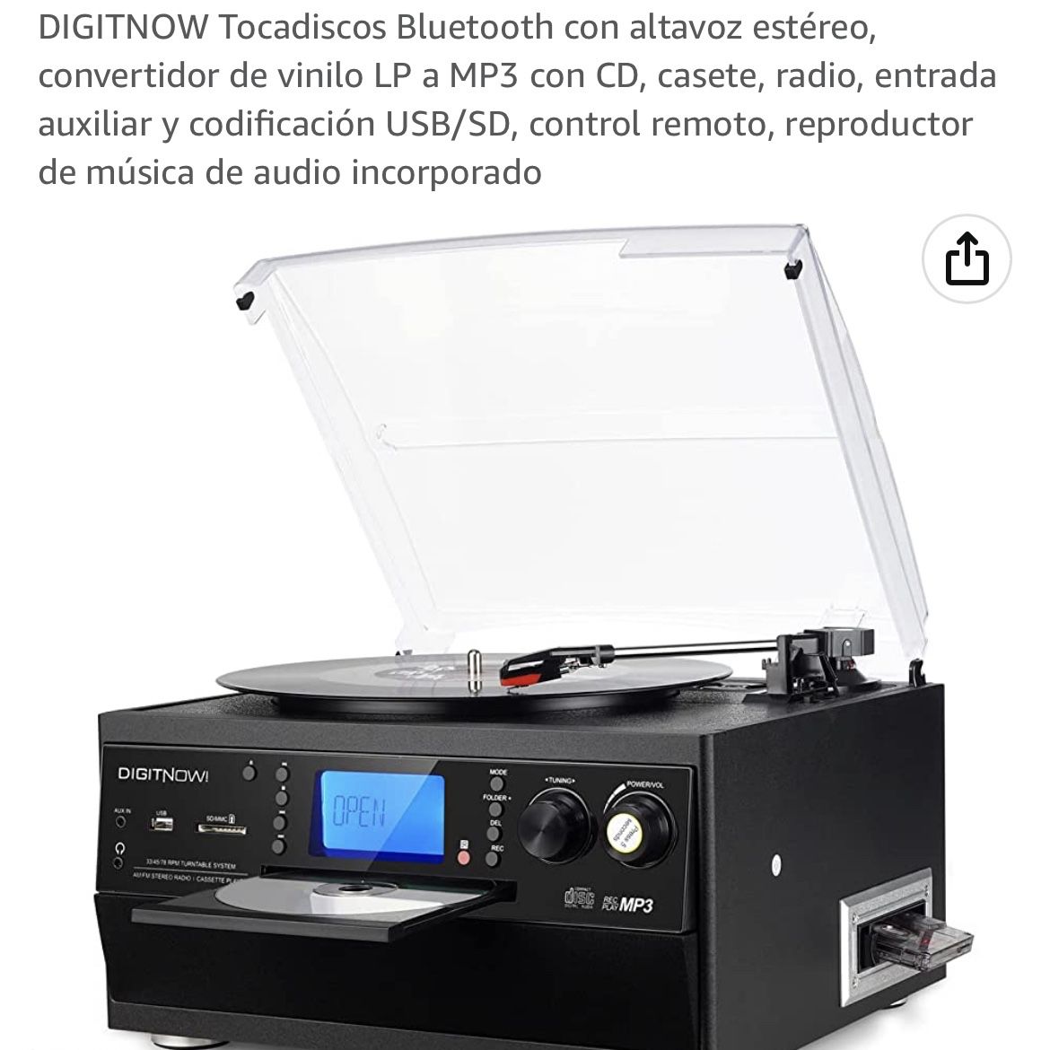 DIGITNOW Tocadiscos Bluetooth con altavoz estéreo, convertidor de vinilo LP  a MP3 con CD, casete, radio, entrada auxiliar y codificación USB/SD