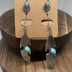 New Set Of Two Turquoise Inlaid Dangle Drop Feather Earrings. 