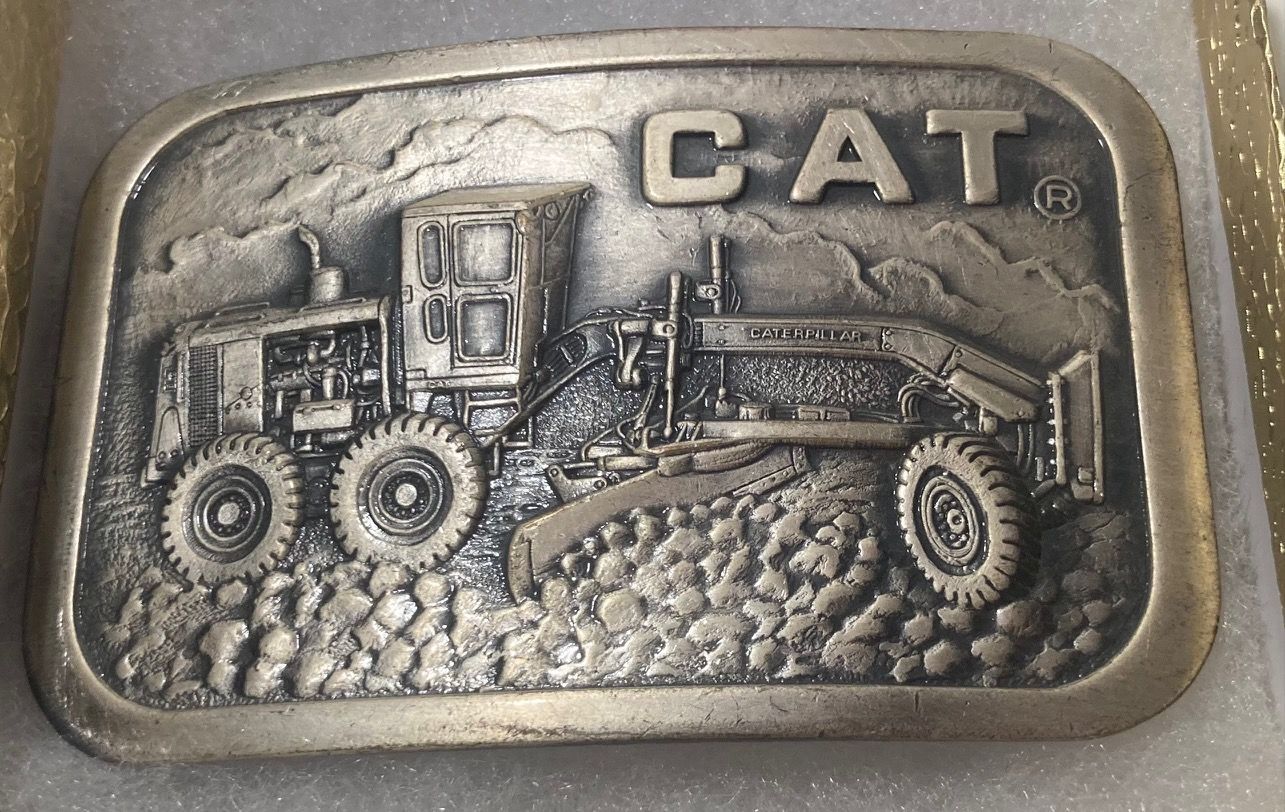 Vintage Metal Belt Buckle, Cat, Caterpillar, AG, Heavy Equipment, Road Grader, Nice Western Style Design, 3 1/4" x 2", Heavy Duty, Quality, Thick Meta