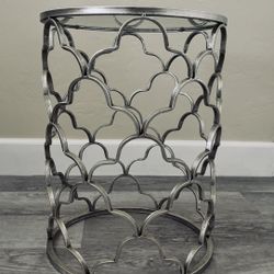 Silver Metal Round End Table with Glass Top