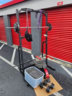 $225 Fitness accessories combo
Delivery for extra. Homestead 33033
Black steel power rack with pull-up bar, barbell loaded with plates on both sides,