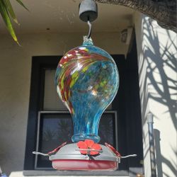 Blue/Orange BLOWN GLASS Hummingbird Feeder
