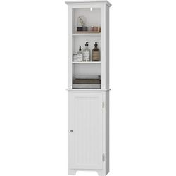 UTEX 64" Freestanding Storage Cabinet, Bathroom Tall Cabinet with Doors and Shelves, Free Standing Linen Tower, Home Storage Furniture,White