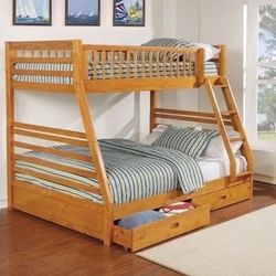 Brand New Light Honey Twin/Full Bunk Bed with Storage Drawers