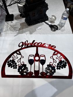 1/2 Oval Welcome 2 Wine Glasses 1 Bottle Metal Sign 14.5x24