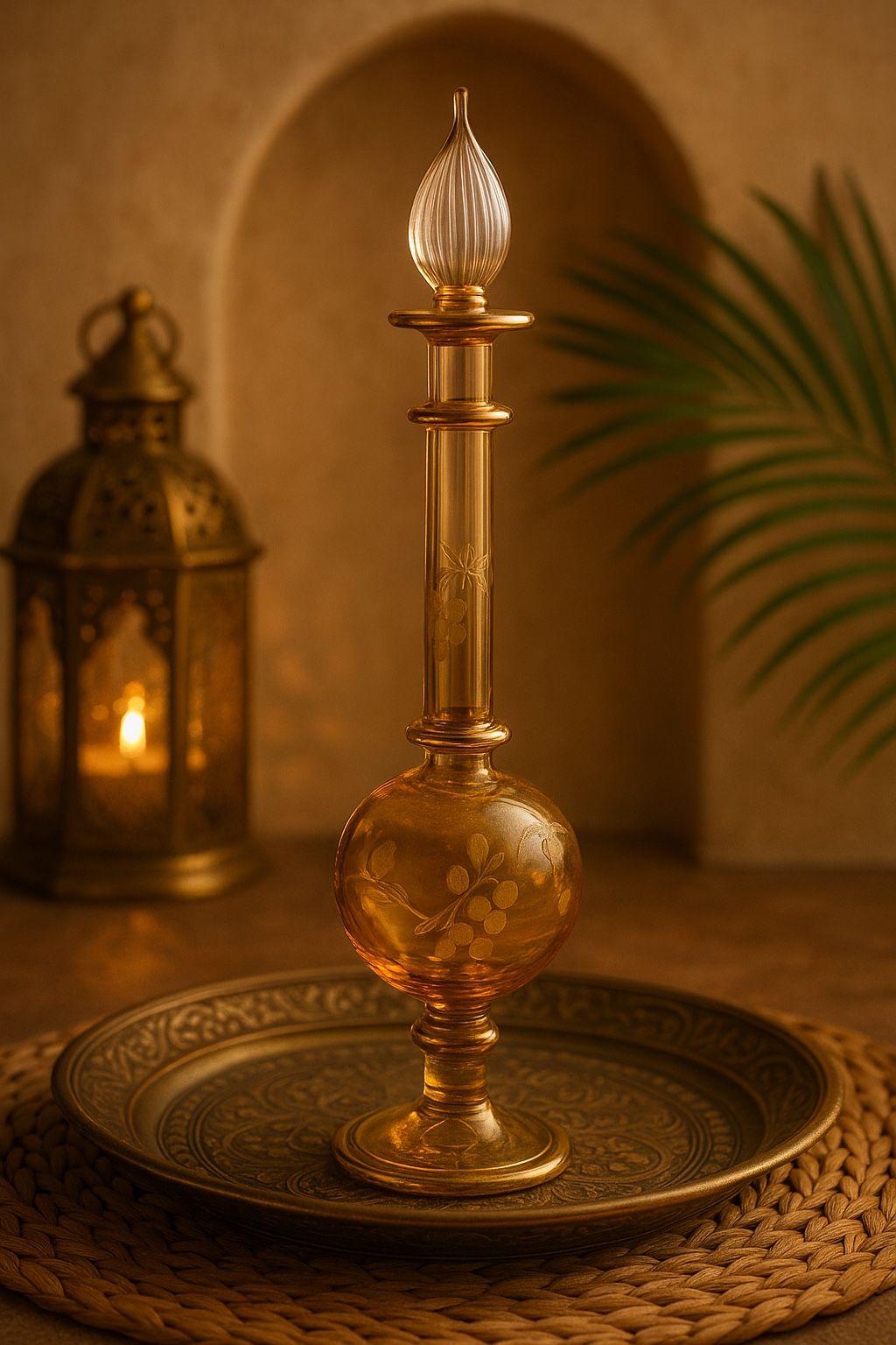 Egyptian Vintage 1990s Hand Blown Perfume Bottle Amber Glass Gold Etched Grapes