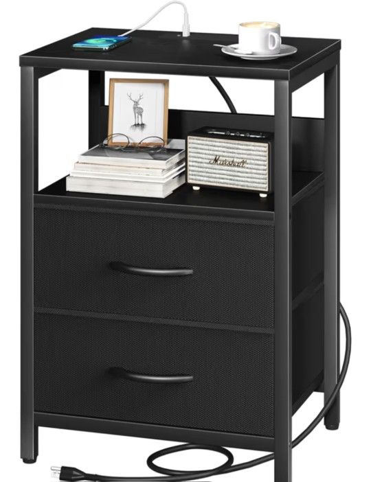 Nightstand with Charging Station, Small Nightstand with Fabric Drawers and Storage Shelf for Bedrooms, Bedside Tables for Small Spaces,