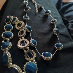 Silver-tone Blue Stone Necklace and Bracelet Set.

