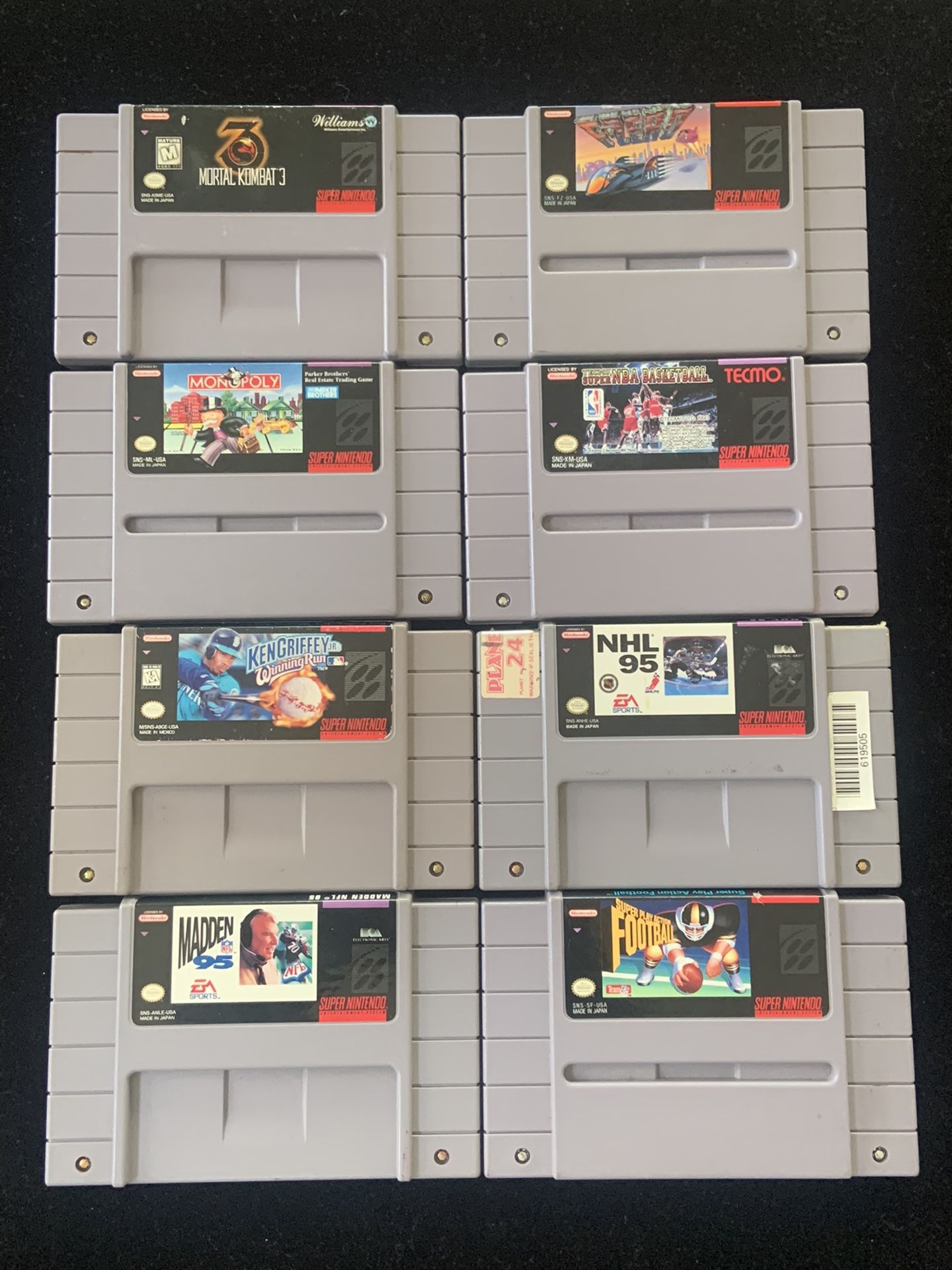 SNES Super Nintendo Video Game Lot of 8 Games MORTAL KOMBAT MONOPOLY F-ZERO+