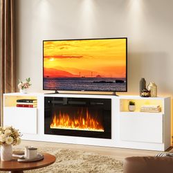 oneinmil 80” TV Stand with 36” Electric Fireplace, Large Modern Media Entertainment Center with Storage Cabinet and 12 Colors LED Lights for TVs Up to