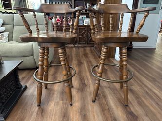 Pair of Wooden Swivel Bar Stools with Brass Footrest