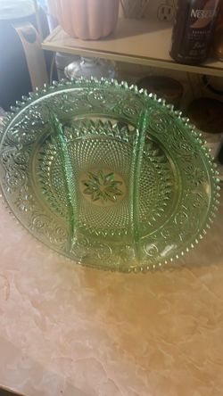 Green Depression Glass Plate with Pressed Pattern