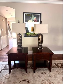 High end Hooker furniture Dark Wood Side Tables / Nightstands& Vintage-Style Industrial Table Lamp set