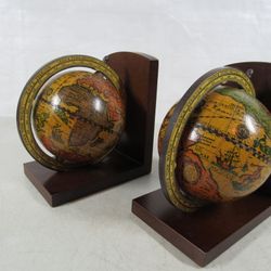 Vintage Old World Wooden Rotating MCM Globe Bookends Made In Italy
