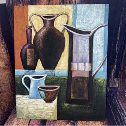 Acrylic on Canvas Original Painting ART Jars Vases Signed by M. Valey Colorful