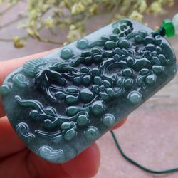 Certificate Jadeite Jade Myanmar Burmese Hand Carved Green Pendant Bird Phoenix Flower View Pendant 