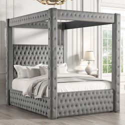 Grey velvet canopy bed frame fully slated usb built in speakers Queen $599 Eastern King $660