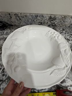 Large White Ceramic Serving Bowl with Embossed Fruit