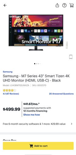 SAMSUNG 43 M70B Series 4K UHD USB-C Smart Monitor & Streaming TV, 4ms,  60Hz, HDR10, Wireless Display, Gaming and IoT Hubs, Alexa Built-in, 2022