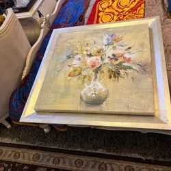 Artist Dulon , M … white vase oil canvas painting on a wood silver leaf frame . 37” x 37 “   $150