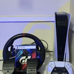 Playstation 5 Ps5 Disk Edition And Hori Racing Wheel With Gran Turismo Game And 1 Ps5 Controller