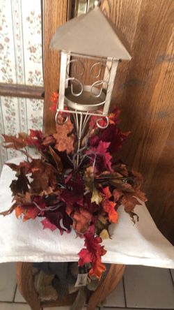 Metal Candle Lantern with Fall Leaf Arrangement