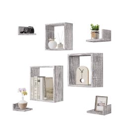 Wall Mounted Floating Shelves Set of 7 – 3 Square Shelves & 4 L-Shaped Shelves,