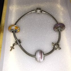 PANDORA SILVER BRACELET W/ 5 Silver Charms 8in Length 