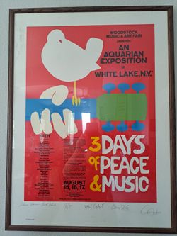 Framed Woodstock 1969 Concert Poster – Multi-Signed by Grace Slick, Wavy Gravy & More