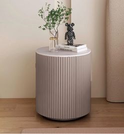 Round modern nightstand with Sintered Stone Top, 40 cm/15.7in Wide Storage Bedside Table, Metal Cabinet Frame, Left/Right-Hand Door Options Available,
