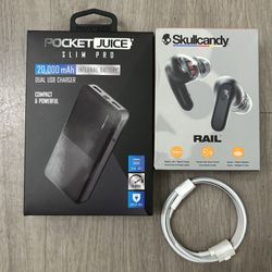 Portable Charger Battery - iPhone Lightning Cable - Skull Candy Earbuds 
