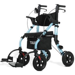 All Terrain Walker Wheelchair Combo,Rollator Walker with Seat for Seniors with Footrest,Transport-Wheelchair Combo,2 in 1 Rolling Walker Chair with Wi