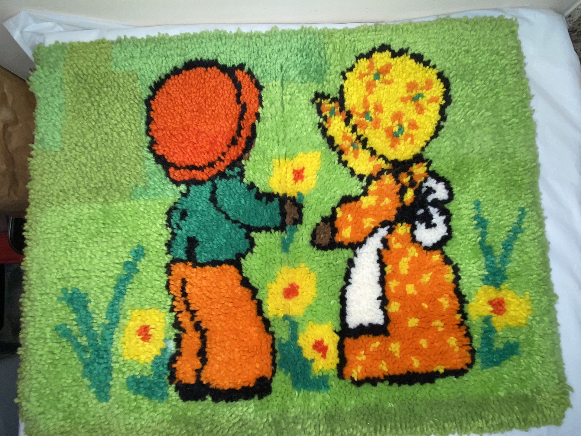 Vintage Boy and Girl Flower Latch Hook Rug Wall Hanging 