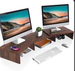 Dual Monitor Stand Riser Wood Desk Organizer