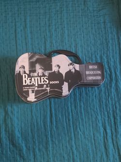 Guitar shaped Beatles band sock metal box with 3 pairs of different Beatles socks