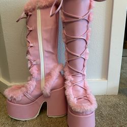 Demonia Pink Fuzzy Knee High Boots