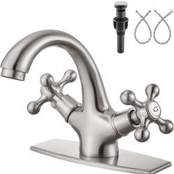 Bathroom Sink Faucet Single Hole Cold and Hot Double Handle Cross Knobs Vanity Vessel Sink Basin Mixer Tap with Deck Cover Plate with Pop Up Drain Bru