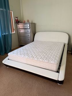 White Faux Leather Platform Bed Frame with Mattress
