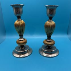 Two Vintage Brass Candlesticks Holders with Silver Plating.