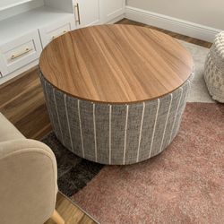 HomePop Large Modern Round Storage Ottoman with Wood Lift-Top Lid, Gray Pinstripe/Honey Oak