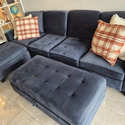 Royal Blue Velvet Sectional Sofa Bed Convertible 