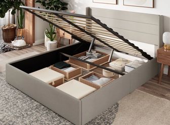 Queen Upholstered Platform Bed Frame and Mattress