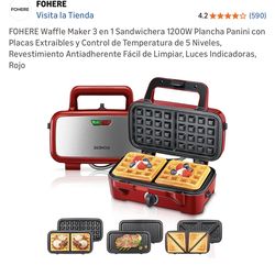 Waffle Maker 3 en 1 Sandwichera 1200W Plancha Panini con Placas Extraíbles y Control de Temperatura de 5 Niveles, Revestimiento Antiadherente Fácil de