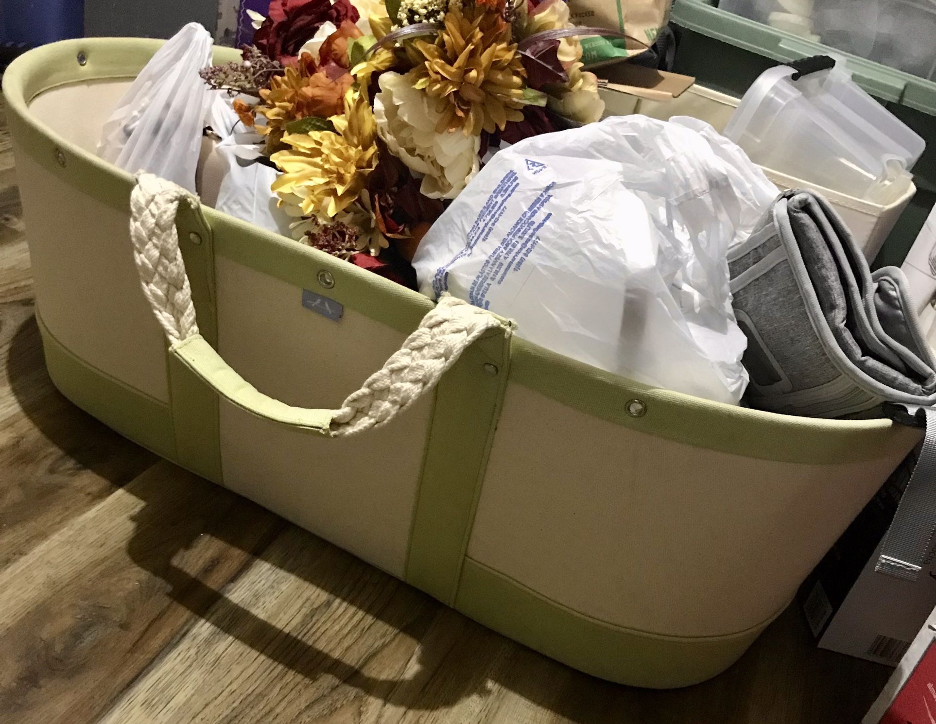 Green and White Canvas Basket