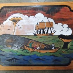 Vintage Moby Dick/whaling ship paint by numbers wooden picture, 16x12"